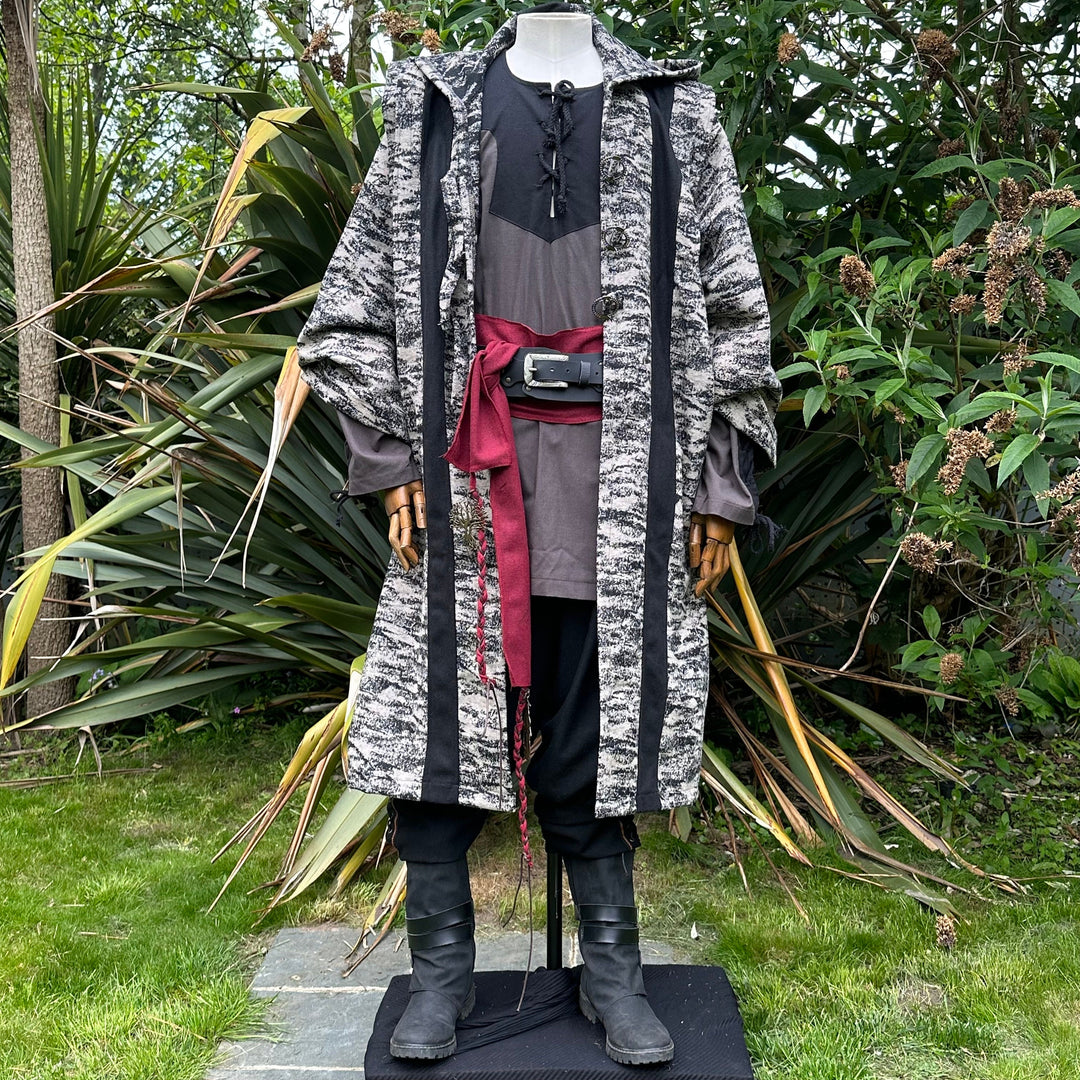 Front view of rustic medieval robe with red sash for LARP.