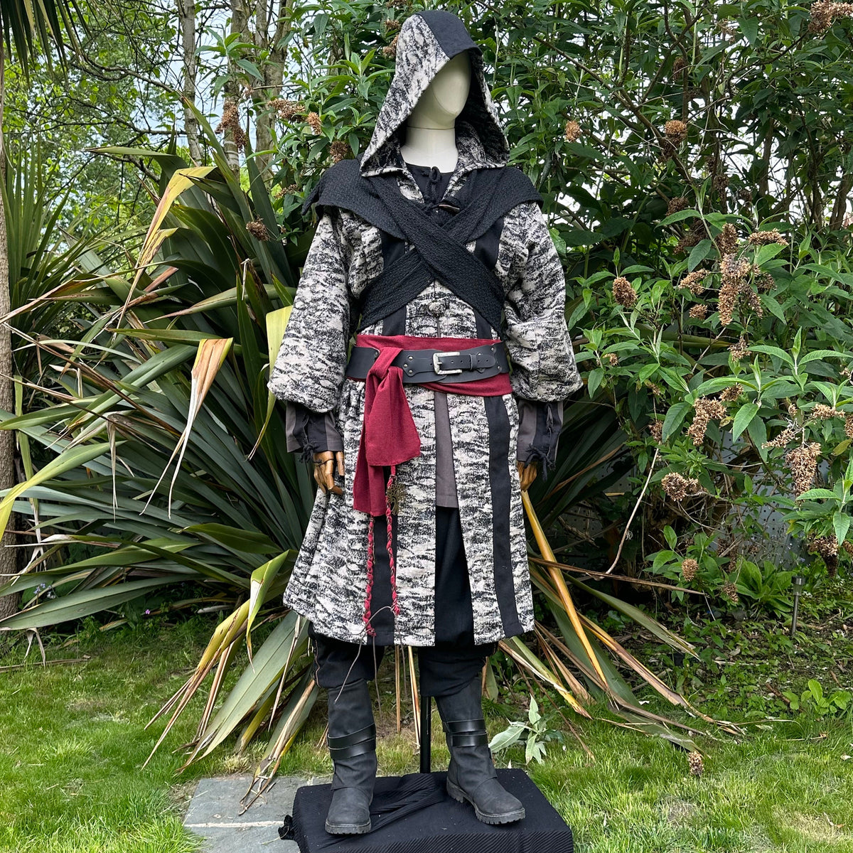 LARP battle mage set with hooded robe, black belt, and red sash displayed.