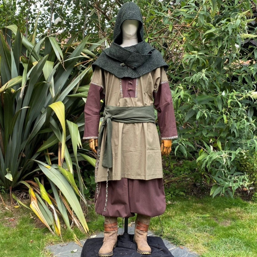 Medieval LARP outfit on mannequin, woodland hooded style, side.
