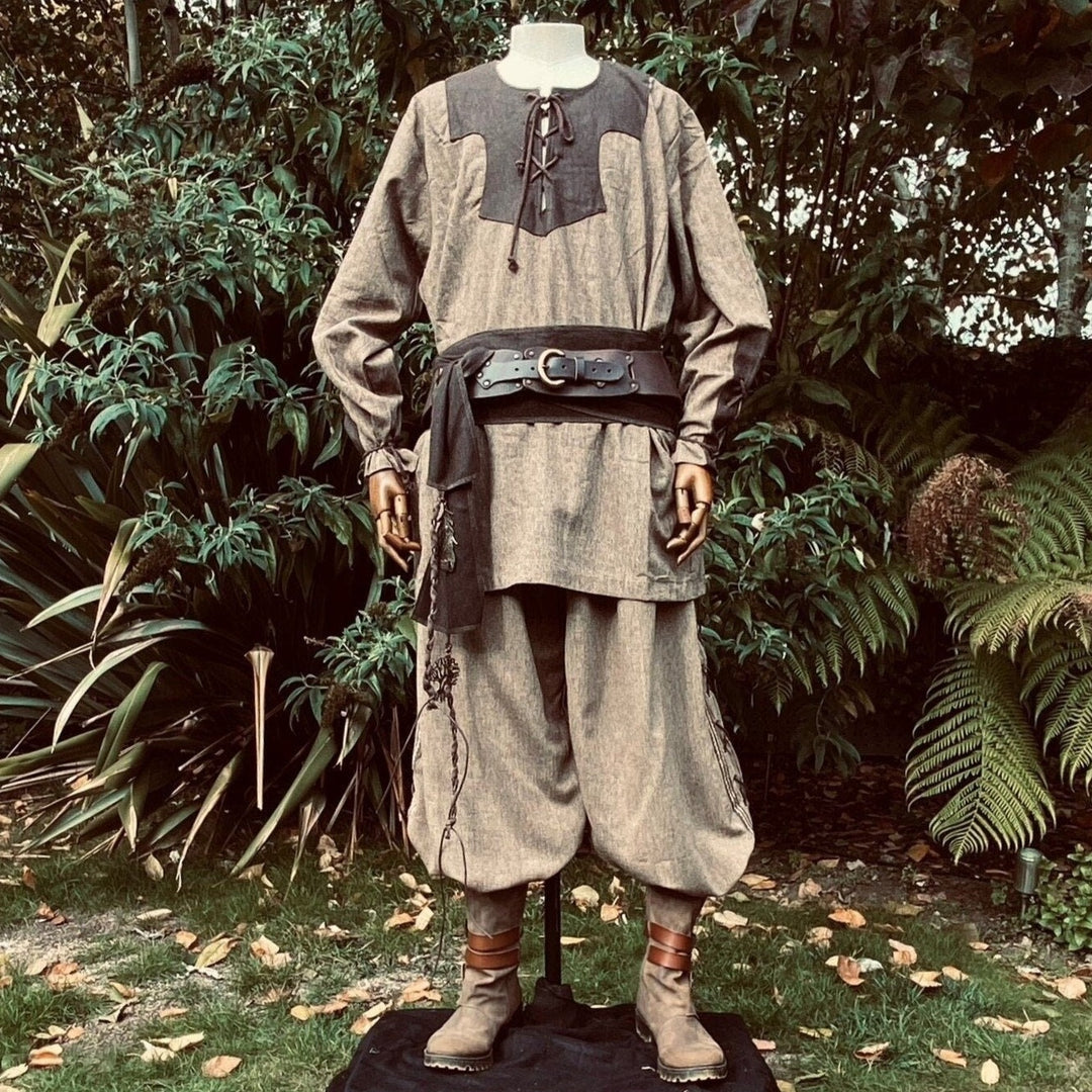 Medieval LARP outfit front view with brown shirt, pants, and belt sash.
