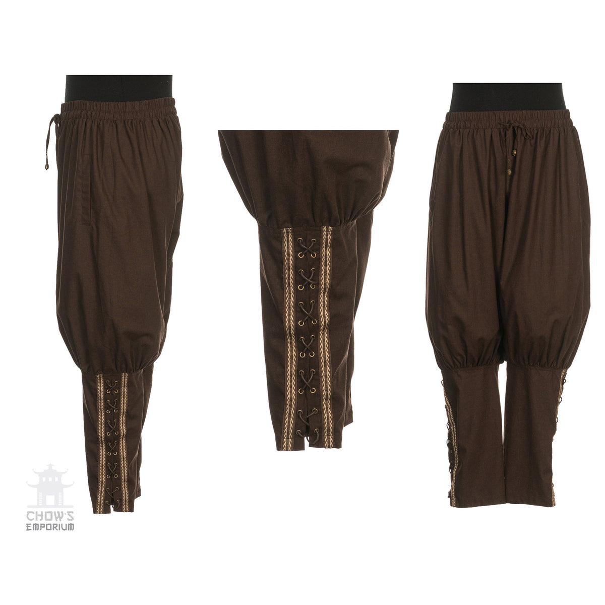 Medieval Viking Pants - Brown Cotton Trousers with Braiding collage.