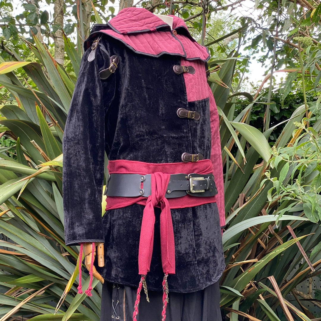 LARP rogue warrior set with black velvet jacket, red hood, belt, and sash.