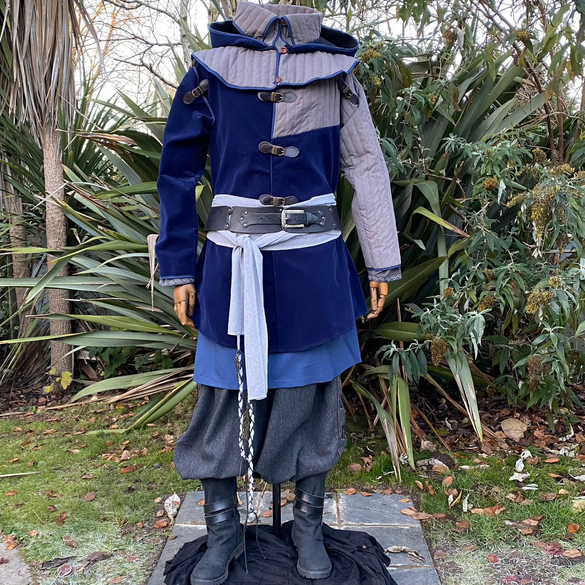 Azure Warrior LARP set with blue jacket, hood, tunic, trousers, belt, sash.