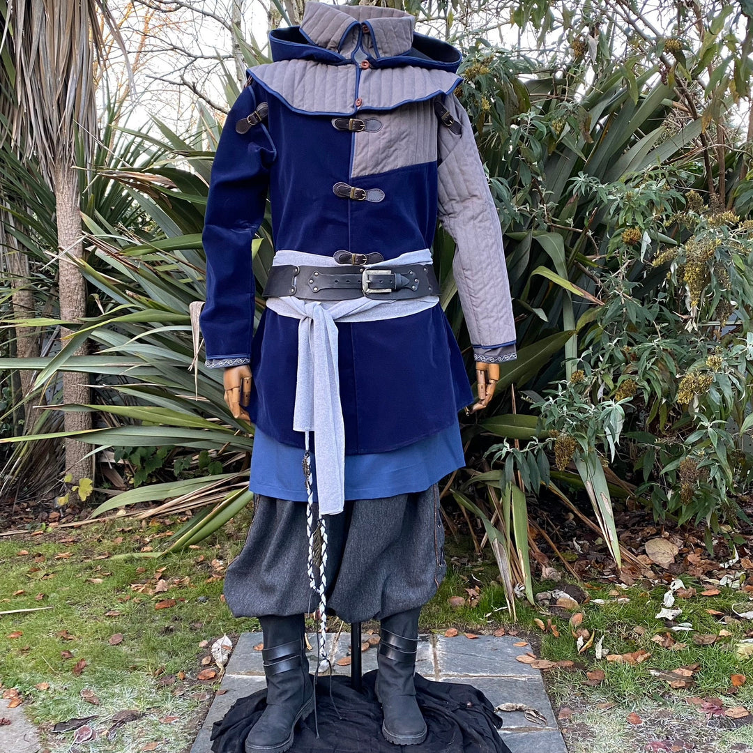 Azure Warrior LARP set with blue jacket, hood, tunic, trousers, belt, sash.
