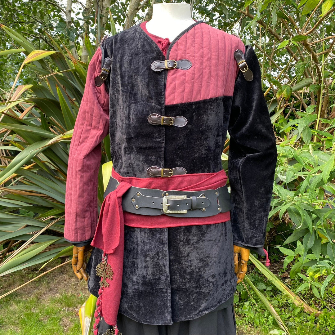 Rogue Warrior LARP set, black and red jacket, front view, velvet material.