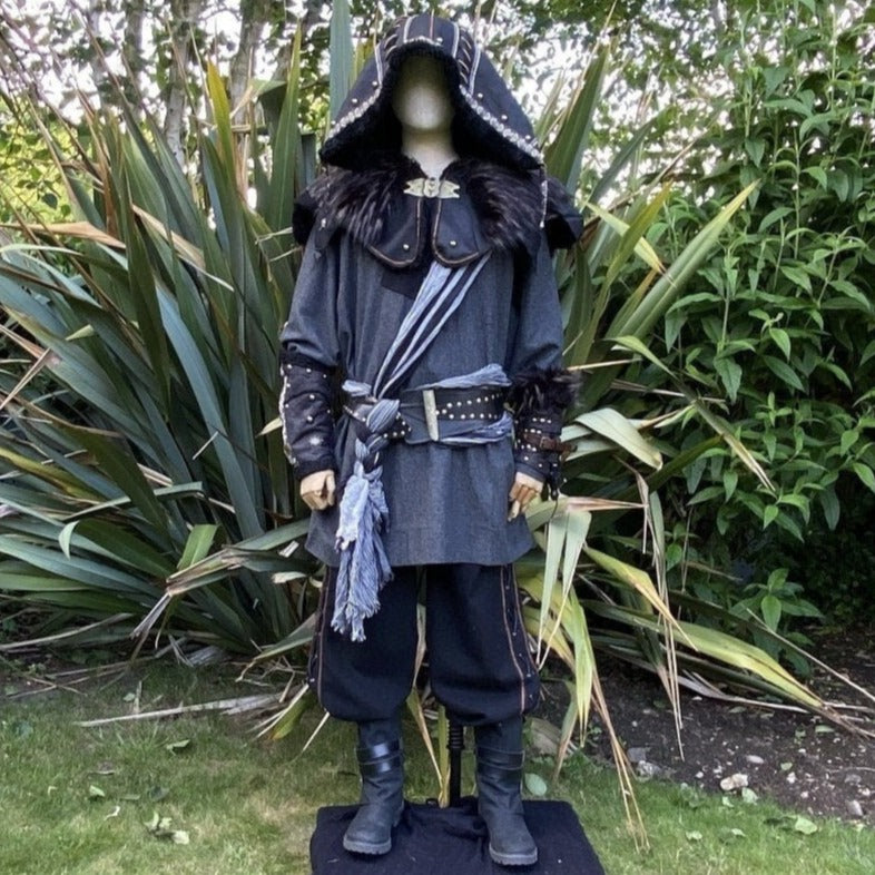 Hooded LARP rogue outfit with fur details, sashed waist.
