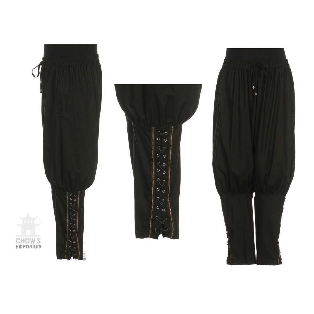 LARP medieval pants, side lacing detail on black cotton fabric.