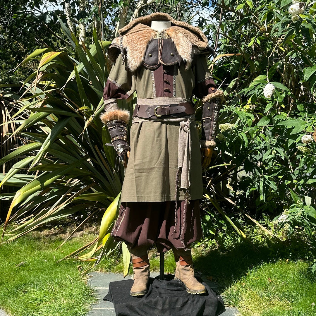 LARP wild ranger outfit with fur collar and detailed vambraces.