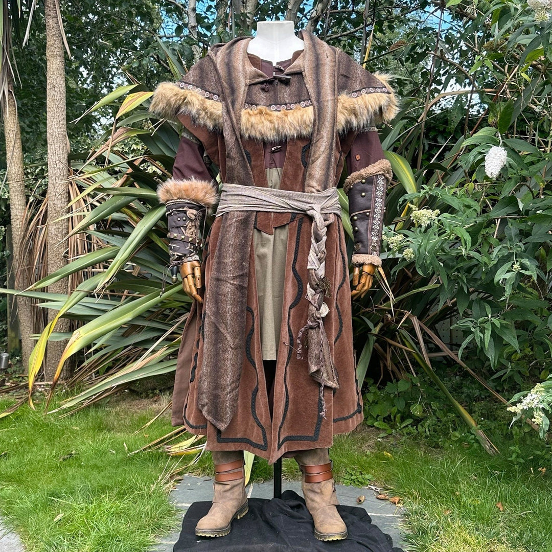 Medieval LARP dwarf costume, fur trim, front view with boots.