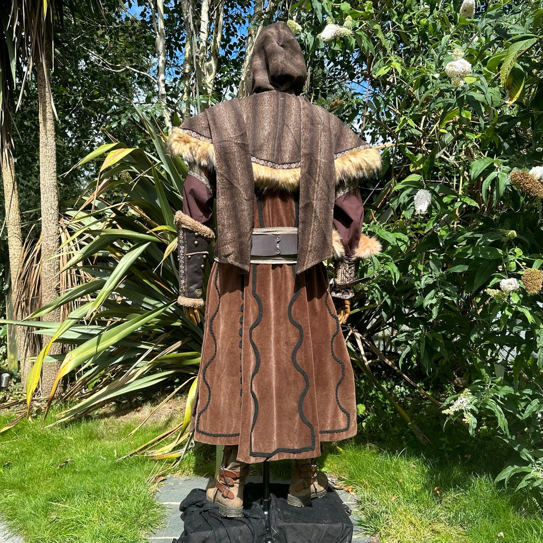 Back view of medieval LARP attire with brown fur-trimmed hood and draped cloak.