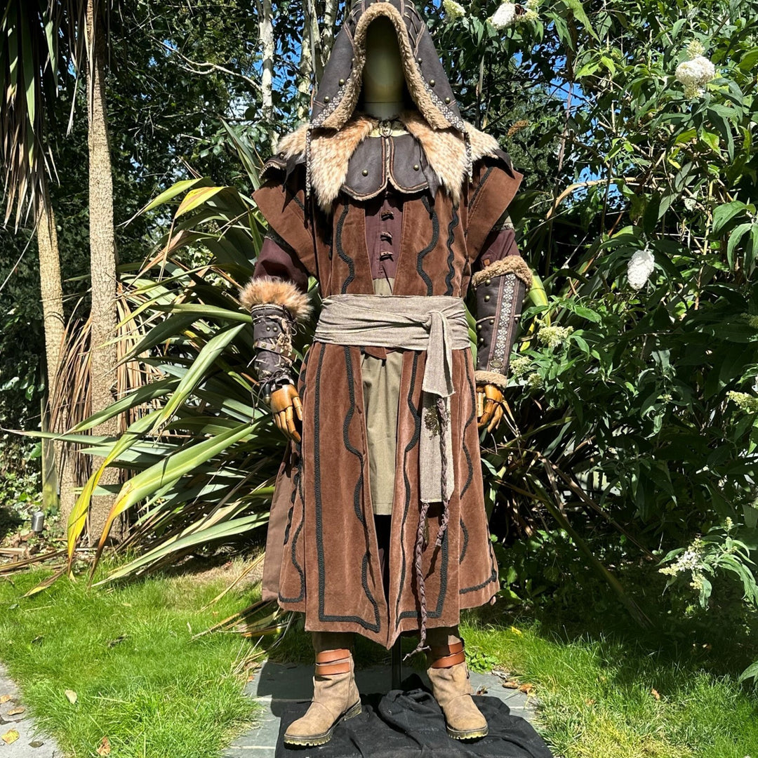 Medieval LARP costume, front view; fur-trimmed hood and waistcoat details.