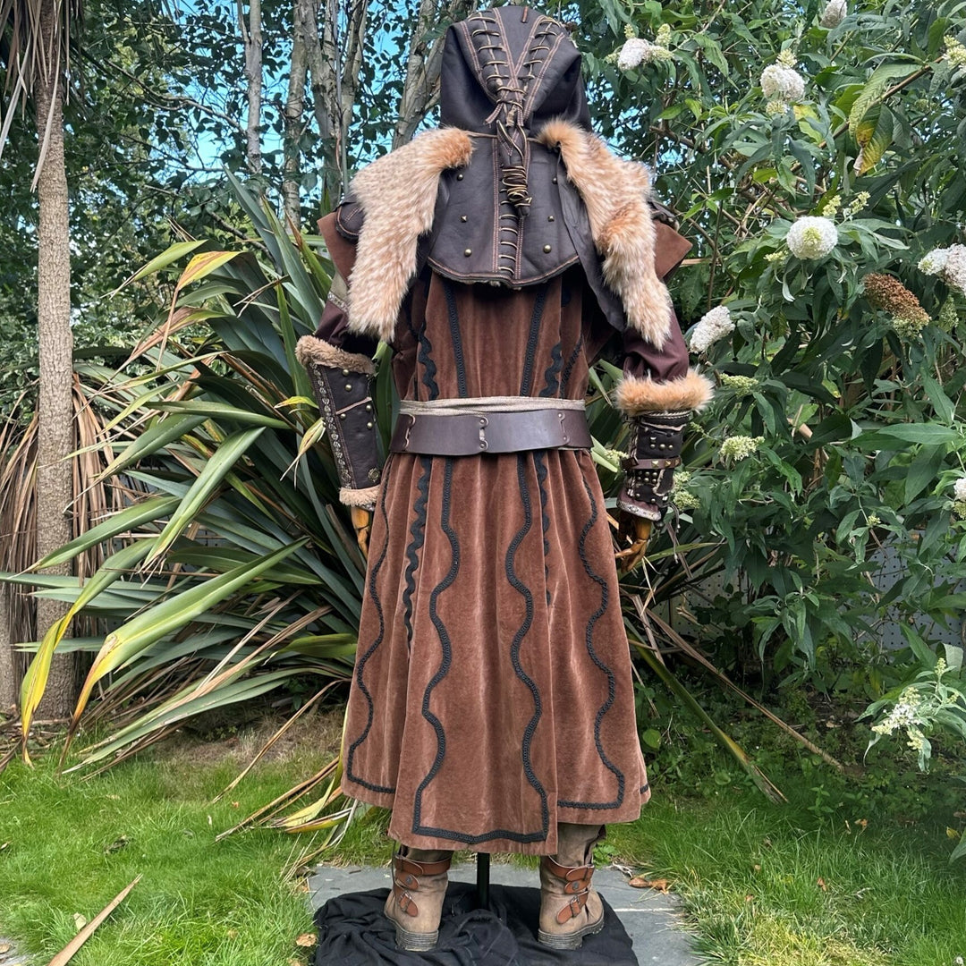 Back view of medieval ranger outfit with fur accents and detailed hood.