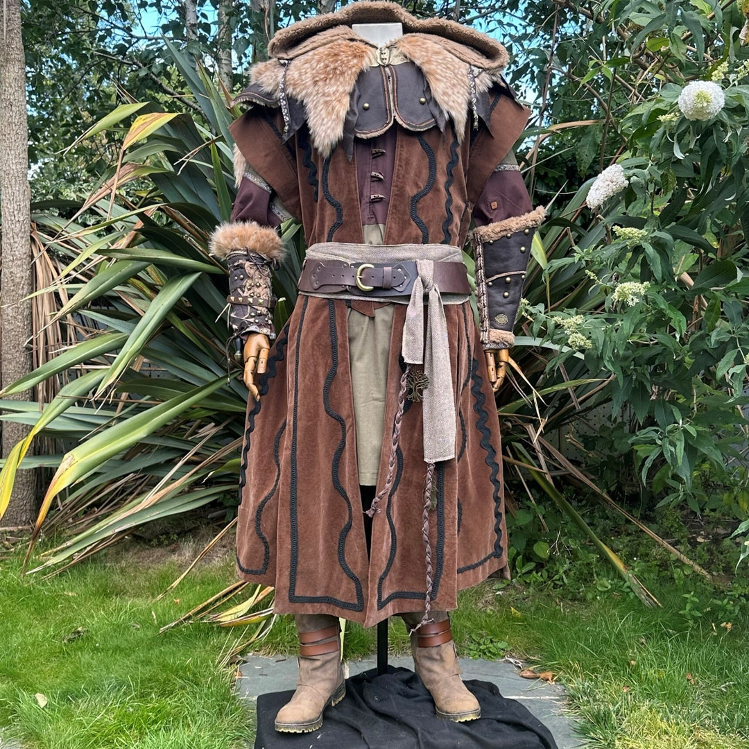 Brown hooded LARP outfit with fur trim, front.