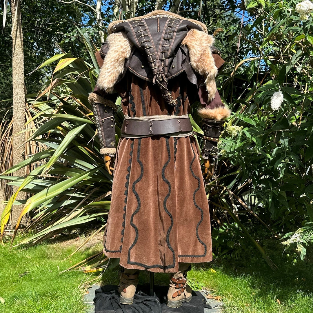 Back view of medieval LARP outfit with fur trim and detailed leather belt.