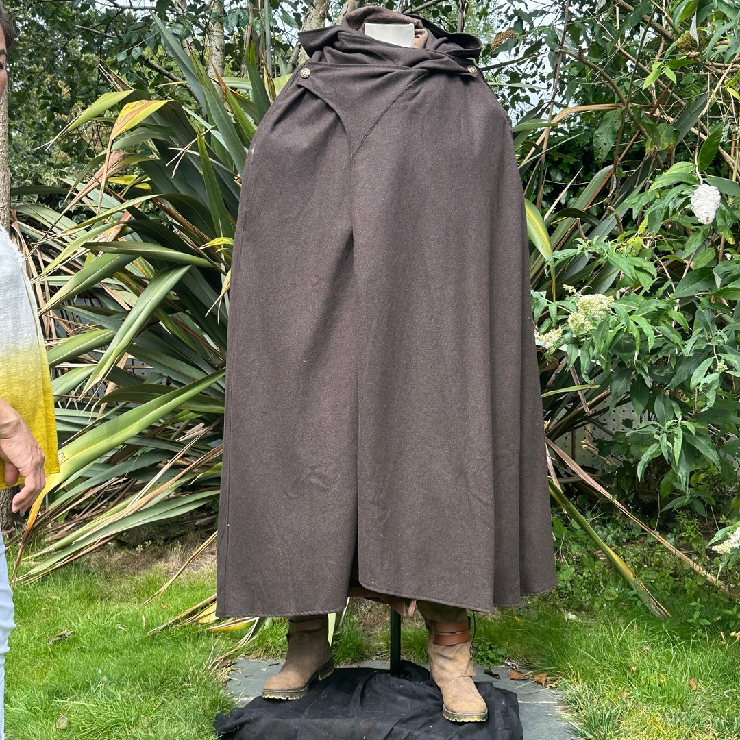 LARP medieval forest cloak and boots on mannequin.