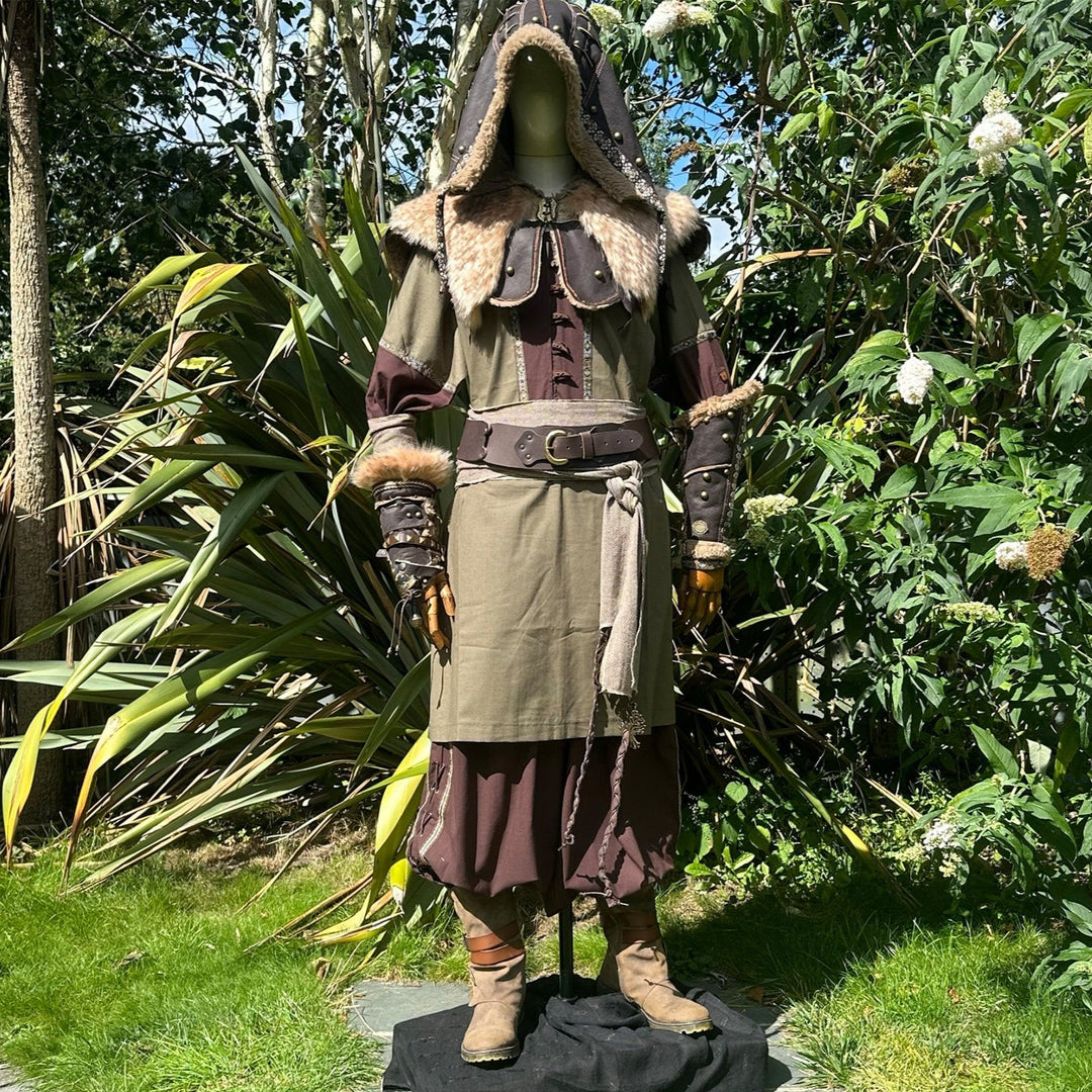 Medieval LARP ranger outfit with fur-trimmed hood and vambraces.