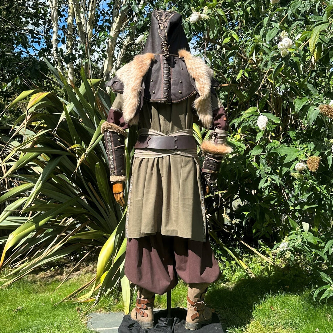 Back view of LARP ranger outfit with fur trim.