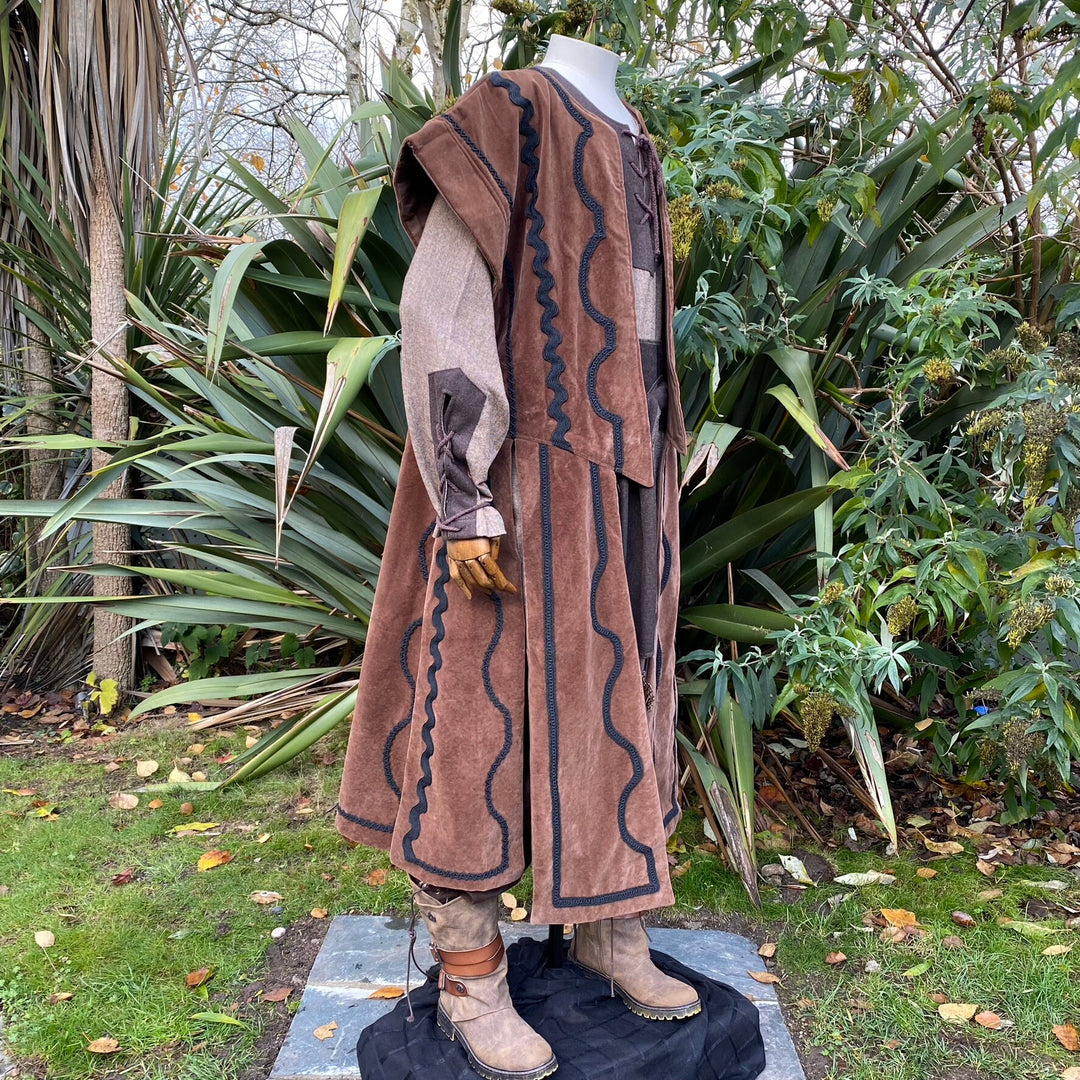 Brown LARP outfit side view with detailed waistcoat.